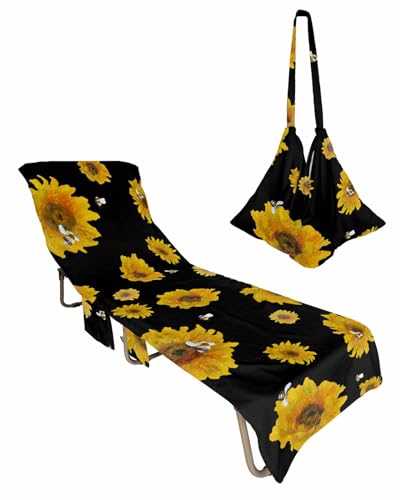 Sunflower Black Beach Lounge Chair Towel Cover, Soft Chaise Lounge Towel with Side Pockets Patio Pool Chairs Cover for Beach/Pool Sunbathing 29x85 Abstract Painting Bee Summer Spring
