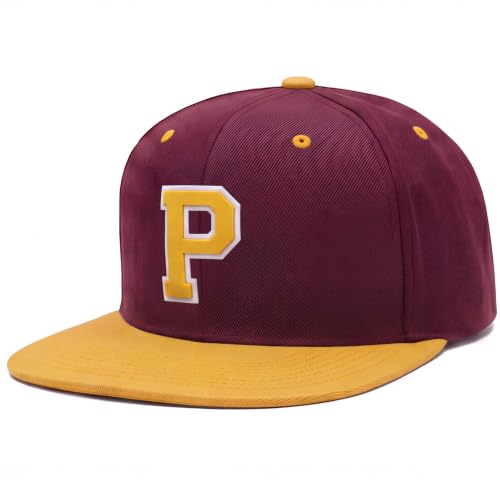Daxton Men’s 3D Silicone Initial A-Z Letters Varsity Snapback Hat, BURGLD Hat with Letter P Color WHTGLD