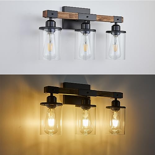 Image of 3-Light Bathroom Light Fixtures, Farmhouse Bathroom Vanity Light Rustic Wood Industrial Vintage Black Small Wall Light Sconce Lamp Over Mirror with Clear Glass Shade for Bedroom
