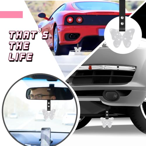 Image of Fabbay Butterfly Shaped Car Handle Strap Drift Charm Car Accessories Bling Handle Ring for Women Rear Bumper Warning Ring Decor for Auto Bus Interior Exterior Decoration (White, Butterfly Style)