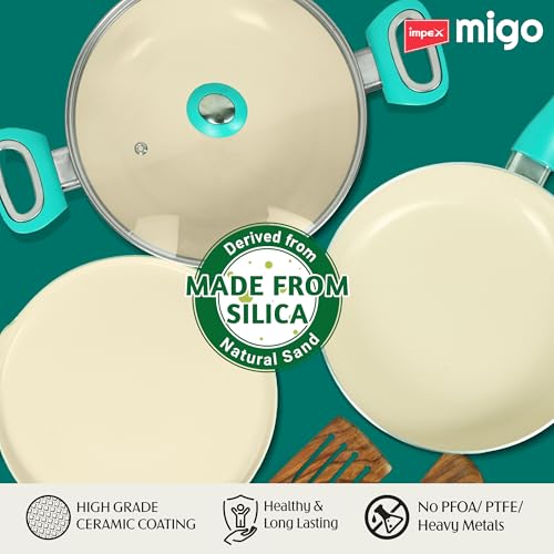 Image of Impex Ceramic Cookware Set | 6 Pc Induction Base Non Stick Kadai Pan with Lid, Fry Pan, Tawa Pan and 2 Spatulas | Free from PTFE, PFOA and Heavy Metals| 100% Non Toxic | 2 Year Warranty