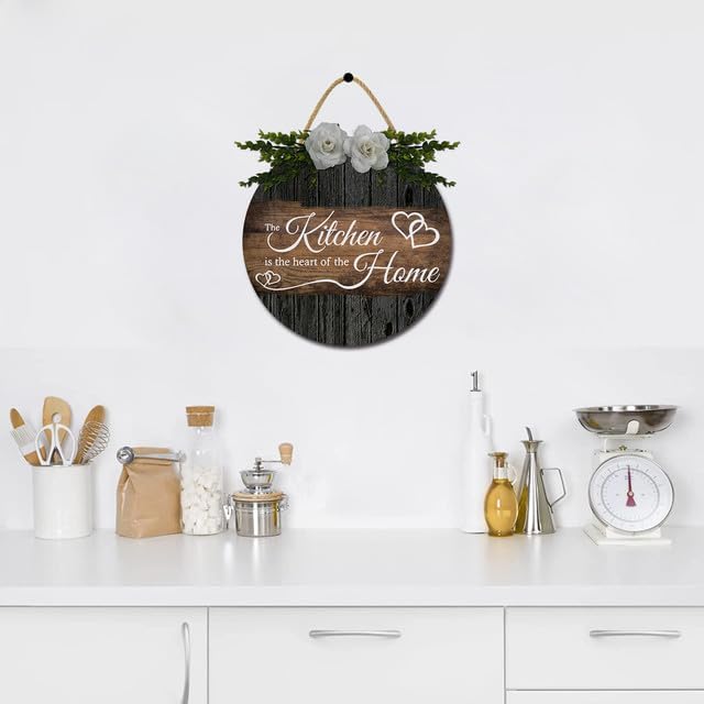 Miniatura 4 de Decoración rústica para el hogar, decoración de pared con texto en inglés The Kitchen is the Heart of the Home, letreros de madera redondos rústicos