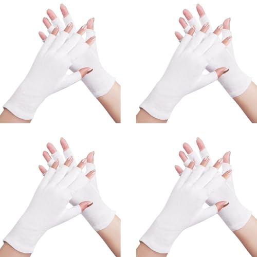 4 pares de guantes de algodón blanco para dormir las manos secas, 100% algodón puro, guantes hidratantes para adultos, pantalla táctil de medio dedo para dormir, spa (blanco)