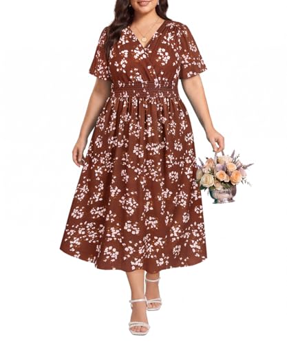 Image of CARCOS Plus Size Dresses for Curvy Women V Neck Summer Maxi Dress Short Sleeve Floral Boho Dress Smocked Waist Beach Dress