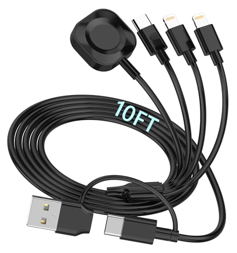 6in1 Multi Charging Cable for Apple Watch Charger, 10FT USB A/C Fast Charging Cord Cable Compatible with iWatch Ultra/SE/9/8/7/6/5/4/3 & iPhone 15/14/13/12/11/Galaxy, Black Universal Travel Charger