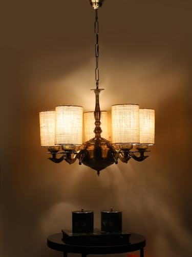 Image of Devansh 05 Lights White Jute Round Shade with Antique Golden Chandelier