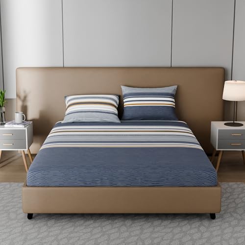 Image of BLISSHOME SoftTouch 150TC Cotton King Size Fitted Bedsheet with 2 Pillow Covers, Silky Smooth Bedding Set, Breathable, Easy Maintain, Geometric Pattern - Grey (183cm x 198cm + 25cm Drop)