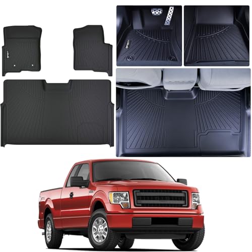 Floor mat for 2010-2013 2014 Ford F-150 SuperCrew/Crew Cab with Bucket SeatCustom Fit TPE Front and Rear Row F150 Accessories Car Mats-Black