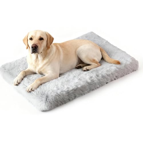 Image of Orthopedic Memory Foam Dog Bed Medium Size Crate Pad 35 x 22 Inch Gray | Dual-layer support with removable washable plush cover waterproof liner nonslip base for kennel car and home use up to 60 lb