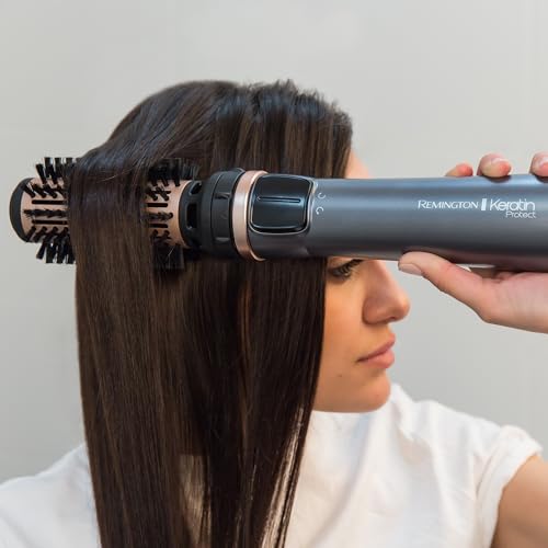 Remington Warmluftbürste rotierend [automatisch] Keratin Protect (inkl.3 Aufsätze: 2 Rundbürsten+Haaransatz-Booster für mehr Volumen) + Haarklammern, Keramikbeschichtung mit Mandelöl, AS8811,Grau