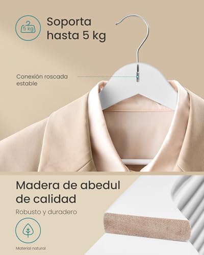 Miniatura 3 de Songmics Percha De Madera, Juego De 30, Delgada, Muescas En Hombros, Percha Para Pantalones, Gancho Giratorio 360 , Madera De Abedul, Para Tirantes Y Chaquetas, Blanco Nube Crw030w02