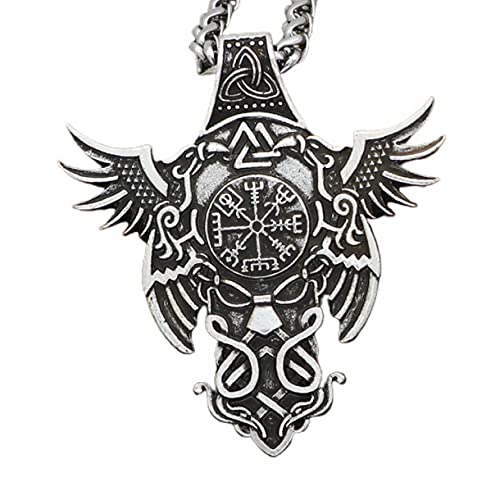 Collier corbeau viking Odin en acier pour homme avec boussole runes et pendentif amulette gothique