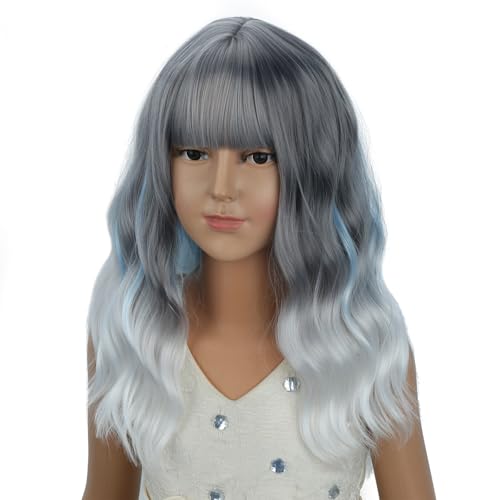 Image of PATTNIUM Girls Gray Ombre White Short Wavy Curly Wig with Bangs Kids Grey Ombre Bob Wigs Synthetic Halloween Costume Cosplay Party Wigs