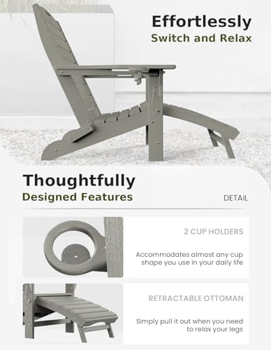 Ciokea Folding Adirondack Chair With Retractable Ottoman Fire Pit Patio Chair With Pull Out Foot Rest Weather Resistant Lawn Outdoor Lounge Chair With 2 Cup Holder thumb #4
