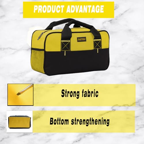 Image of FASTECH 14 Inch Tool Bag, Small Wide Mouth Tool Tote Bag, Waterproof Tool Organizer Bag, Electricians Repairman Tools Tote Bag Double Fabric Storage Bag (Yellow)