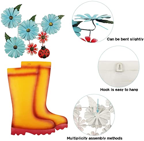 16.5" Outdoor Wall Decor Metal Outdoor Wall Art With Detachable Rain Boots Flowers Ladybug Fence Decorations Hanging For Indoor Outdoor Living Room Patio Porch Outside Garden Decor #TOP3