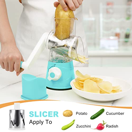 Elyum Rotary Cheese Grater Manual Cheese Grater With Handle 3 Interchangeable Stainless Steel Blades Cheese Shredder Strong Suction Base Cheese Graters For Kitchen Vegetables, Cheese And Nuts (Blue) #TOP1