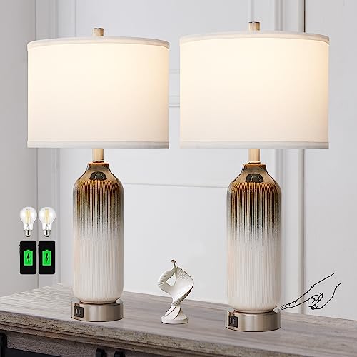 Set Of 2 Modern Touch Table Lamps For Living Room, 3-Way Dimmable Vintage Nightstand Lamp With Dual Usb Ports, Contemporary Ceramic Desk Lamps For Bedroom Bedside, Led Bulbs Included (Gradient) #TOP7