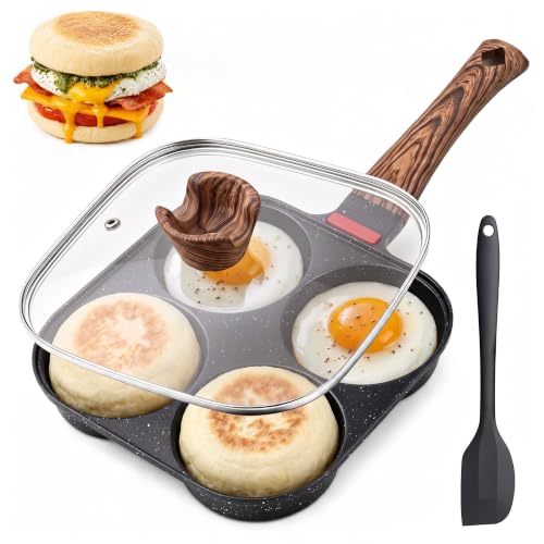 4 Cup Egg Pan with Lid, Egg Frying Pan Nonstick for English Muffins