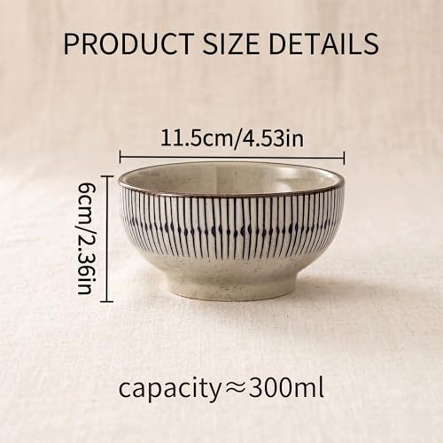 Image of Japanese Style Ceramic Rice Bowls - Set of 4 | Stackable Serving Bowls With Blue Striped Design | Mixing Bowl for Soup, Cereal, Snacks, Fruits | Microwave Safe | Perfect for Gifting & Daily Use