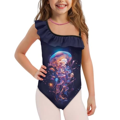 Girls One Piece Bathing Suit Size 3-14 Casual Summer Ruffle Swimsuit Trendy One-Shoulder Swimwear with Strap2