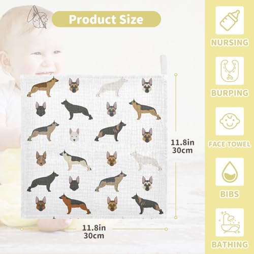 Image of vvfelixl Cute German Shepherd Dog Baby Burp Cloths Baby Muslin Washcloths for Boys Girls Cotton Baby Face Towel for Newborn Infants Soft and Absorbent 11.8 X 11.8 in, 5 Pack