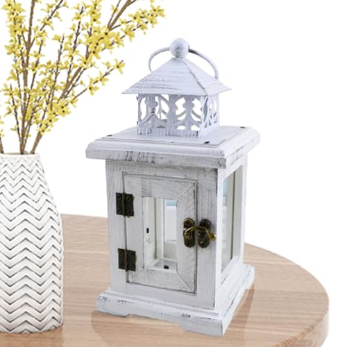 Soporte de vela de madera blanca - Linterna de granja pequeña con paneles de, exhibición de velas de estilo costero | Mini faroles para mesa de exterior interior, decoración de bodas rus