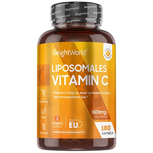 Liposomales Vitamin C - 180 vegane Kapseln - Mit 1000mg reinem Vitamin am Tag - Laborgeprüft in Deutschland - 100% Natürliche Liposomal Vitamine für Jung & Alt - Mit Hagebutte - Von WeightWorld Cover