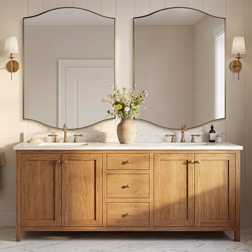 Image of ANDY STAR Rectangle Scalloped Mirror, 36 inchx48 inch Brushed Gold Bathroom Mirror in SUS304 Stainless Steel Metal Frame, Brass Vanity Mirror with Unique Arched Top Design