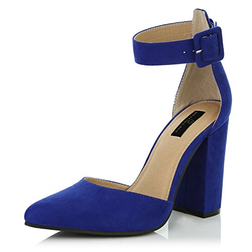 DailyShoes Women's Fashion Pointed Toe Chunky Ankle Strap Buckle High Heels Shoes