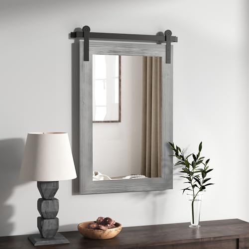 Image of COGOOD Farmhouse Barn Door Mirror - 21 x 30 Rustic Wood Framed Wall for Bathroom, Living Room, Entryway Decor (Grey) 21x30