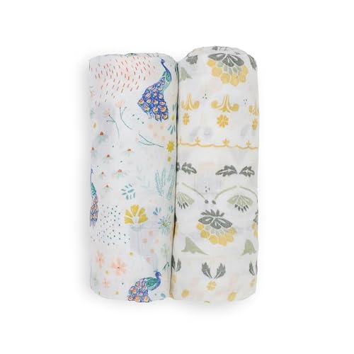 Image of Little Unicorn Cotton Muslin Swaddle Blanket Set | Set of 2 | 100% Cotton | Super Soft | Newborns and Infants | Large 47 x 47 | Machine Washable (Peacock)