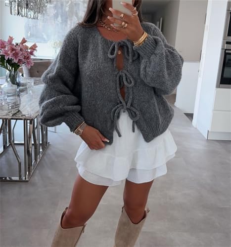 Image of Women Knitted Tie Front Cardigan Tops Casual Knitwear Top Long Sleeve Open Front Baggy Sweater Y2k Girls Outwear