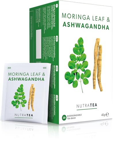 Nutra Tea Moringa Leaf & Ashwagandha - Moringa Tea Bags | Ashwagandha Tea Bags - Rich In Essential Nutrients & Cortisol Balance - 20 Individually Wrapped Bags - Herbal Infusion (1 Pack)