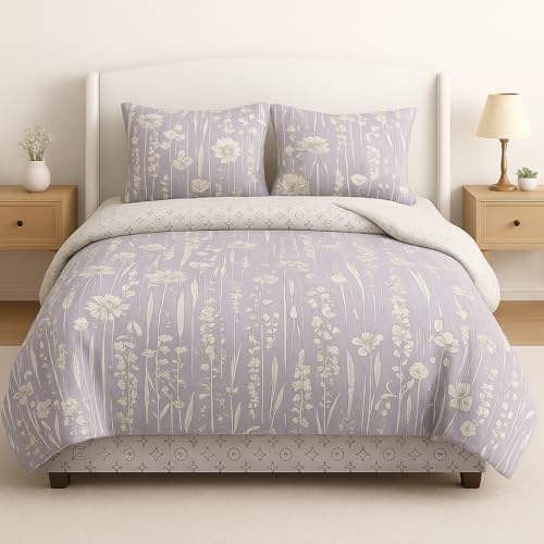 Image of Signature Reversible Super Soft Double Bed Comforter /Quilt Set 350 GSM - 88x90 inches | King Size Fitted Elastic Bed Sheet with 2 Pillow Covers | All-Season Ultra Cozy Bedding Set (Lavender Stripes)