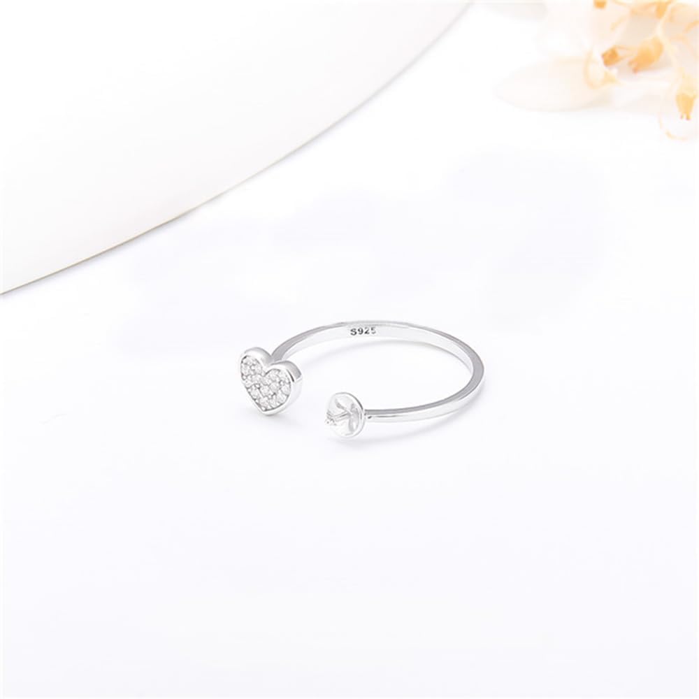 Sterling Silver Heart Shape CZ Ring Mounting for Women, Adjustable Ring Fittings Accessories for Pearl Jewelry Making