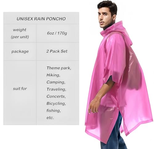 Image of Reusable Rain Ponchos for Adults, 2 Pcs Raincoats (Pack of 1) Emergency for Women Men with Hood