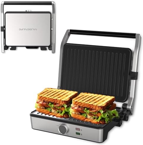 MUBENLIFE Panini Press, Electric Sandwich Press Grill, Open 180 Degrees, Electric Grill Indoor, Perfect for Grilling Sandwich, Steak, Burger, Adjustable Temperature Control, Non Stick Coating