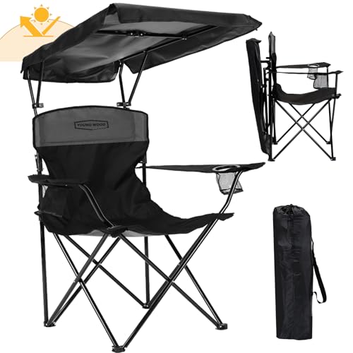 YOUNG WOOD Camping Chair with Canopy, Beach Chair with Shade,Portable,Lightweight Oversized for All, Easy to Open and Close Without Installation, Side Pocket Design for All Outdoor Activities，Black