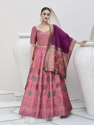 Image of PURVAJA Women's Kanjiwaram Semi-Stitched Lehenga choli