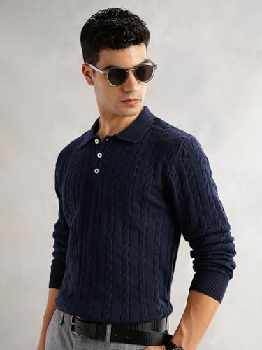 Image of Thomas Scott Men's | Regular Fit | Long Sleeves | Self Design | 100% Cotton | Button Closure | Dry Clean | Polo Collar | Knitted | T-Shirt