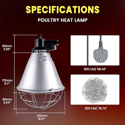 BrightArk Poultry Heat Lamp 250W with 2.5M Wire and 2M Hanging Chain, 2 Modes Energy Saving Switch - Image 2