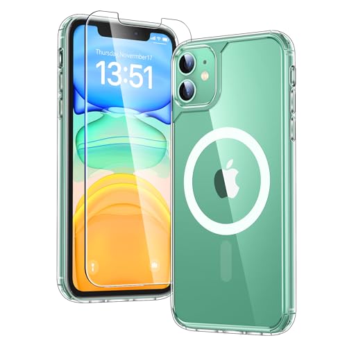 Image of TAURI for iPhone 11 Phone Case, Compatible with MagSafe, Clear | with Screen Protector, Not-Yellowing Military-Grade Protection, Shockproof Slim Magnetic Case for iPhone 11