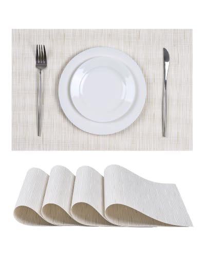 Leetaltree Pale Beige Placemats Set of 4 - Heat Resistant Non-Slip Place mats for Dining Table, Washable Durable PVC Vinyl Woven Table Mats（Pale Beige, 4）