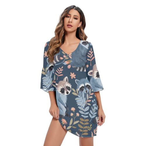 Robe trapèze en mousseline bleue motif raton laveur pour femme