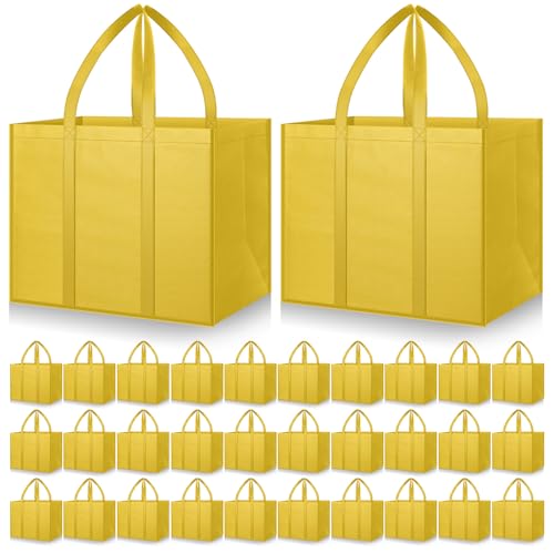 Hillban 30 Pack Reusable Grocery Bags Bulk Heavy Duty Large Shopping Bags Washable Foldable Storage Totes with Handles(Yellow,No Dot)