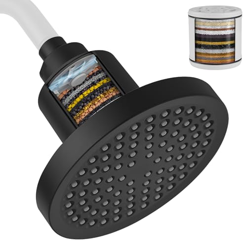 BESy Round Filtered Shower Head Shower Water Softener with High Output Shower Filter for Hard Water for Remove Chlorine and Harmful Substances Matte Black