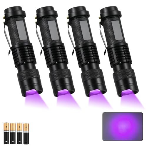 GOMETY 4 Stück UV Taschenlampe Schwarzlichtlampe, 395nm LED Mini UV Lampe Klein Ultraviolett Licht mit Einstellbarem Fokus Schwarzlicht Taschenlampe...