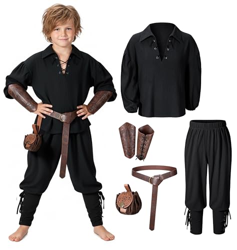 Image of Kids Medieval Viking Pirate Renaissance Tunic Pants Accessories Costume for Boys Cosplay 3-14 Years