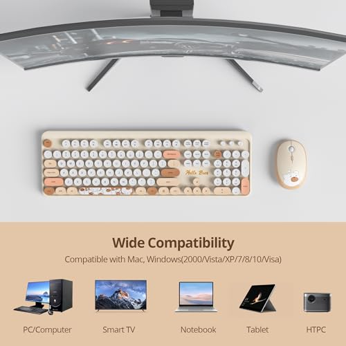 Image of GTSP Creamy Wireless Keyboard and Mouse, Typewriter Office Full-Sized Colorful 2.4G Cute Aesthetic Keyboard for Computer, Laptop, PC Desktops(Brown)
